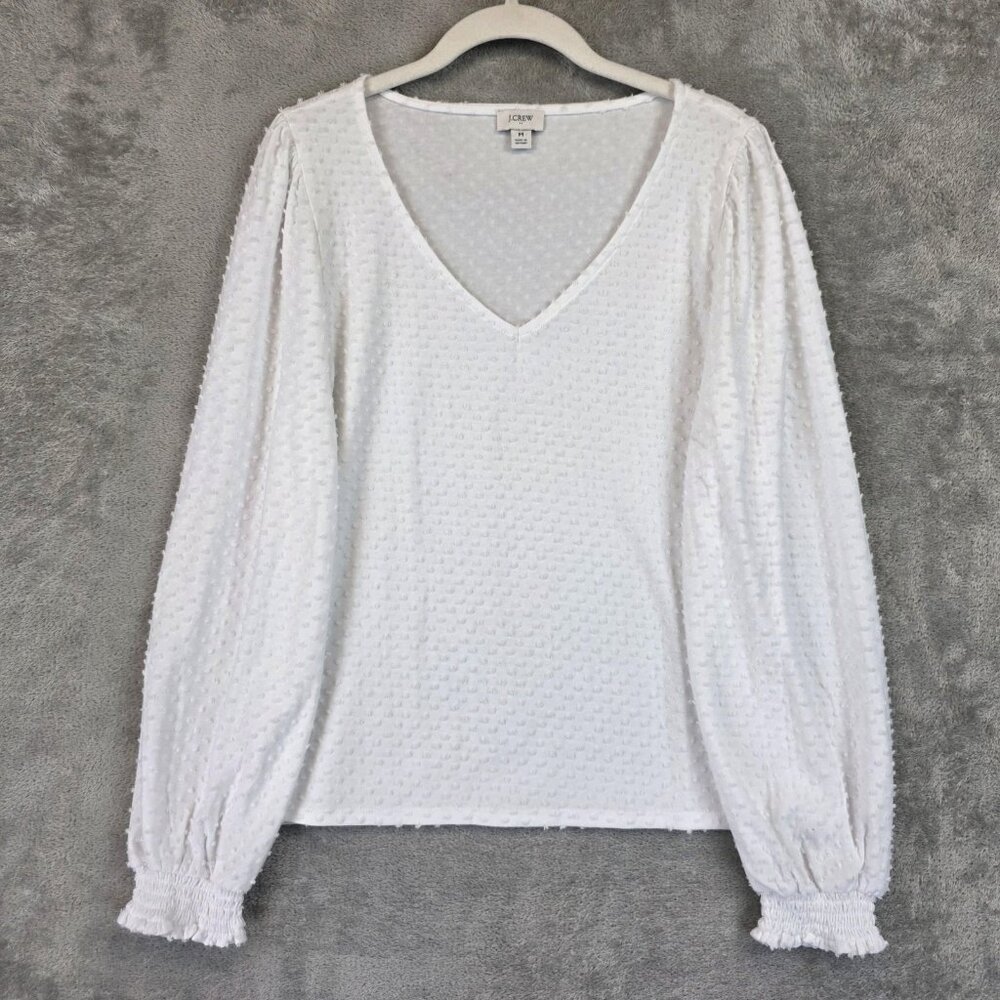 J Crew Shirt Womens Medium White Swiss Dot Textured Long Sleeve V Neck Top